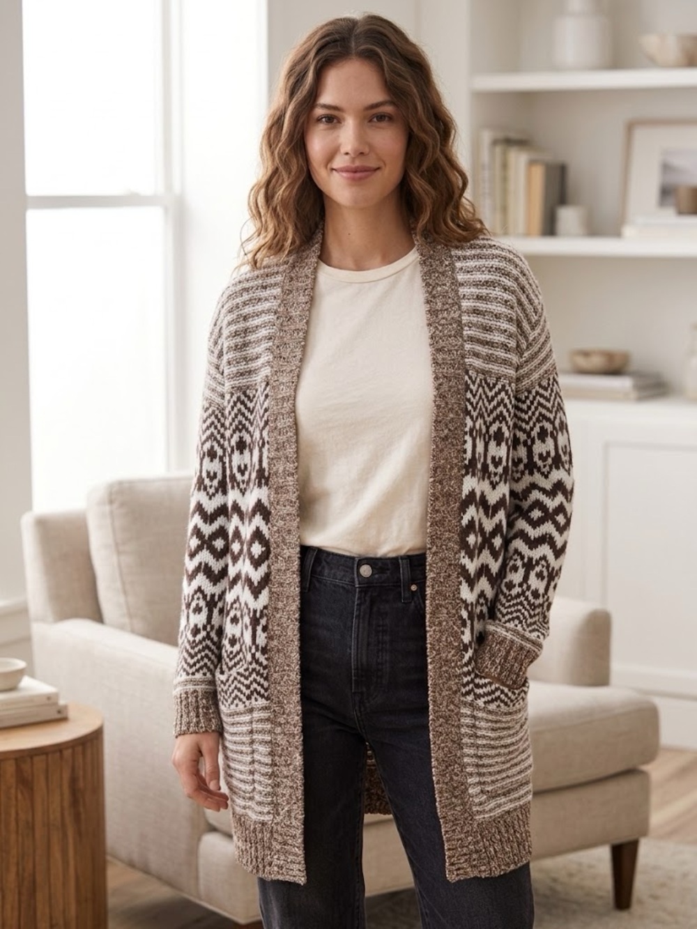American Eagle Faire-Isle Pattern Open Front Chunky Knit Cardigan Brown & White